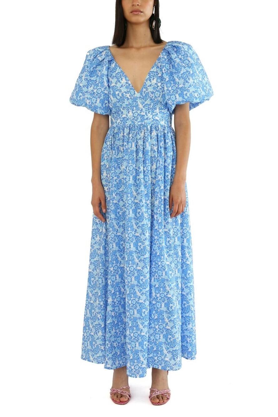 DE LORETA Rococo Puff Sleeve Cotton A-Line Maxi Dress Size XS NWT